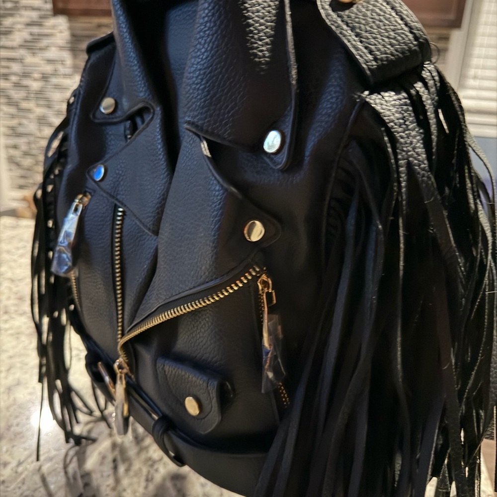 Fringed Black Leather Backpack - image 2